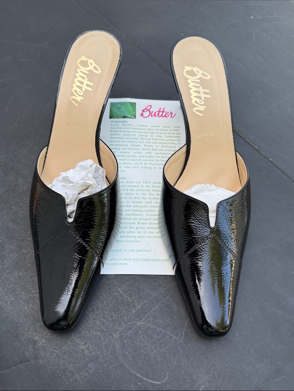 Butter Black Patent Leather Pointed Slip-On Mules